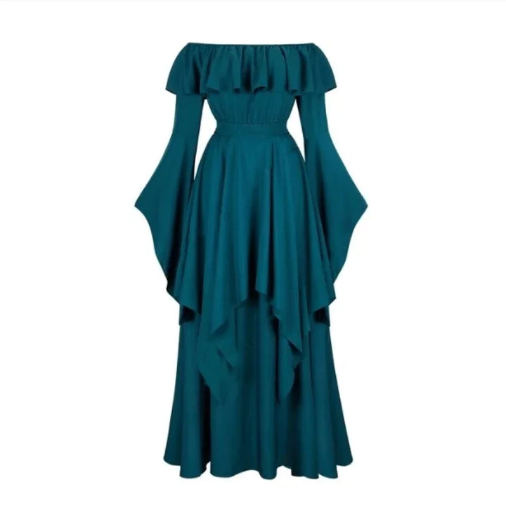 Vintage Bell Sleeve Medieval Off Shoulder Elastic High Waist Smocked Renaissance Dress For Women Halloween Cosplay Costume