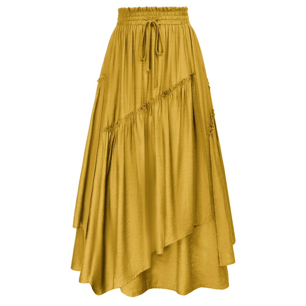 SD Women Renaissance Overlay Decorated Skirt Drawstring Waist Swing Skirt With Open Side Seam Pockets