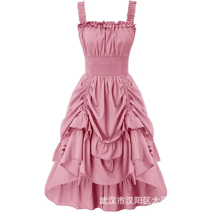 Medieval Renaissance Vintage Long Dress Smocked Waist Victorian Sleeveless Strap Halloween Steampunk Gothic Cothes Cosplay Dress