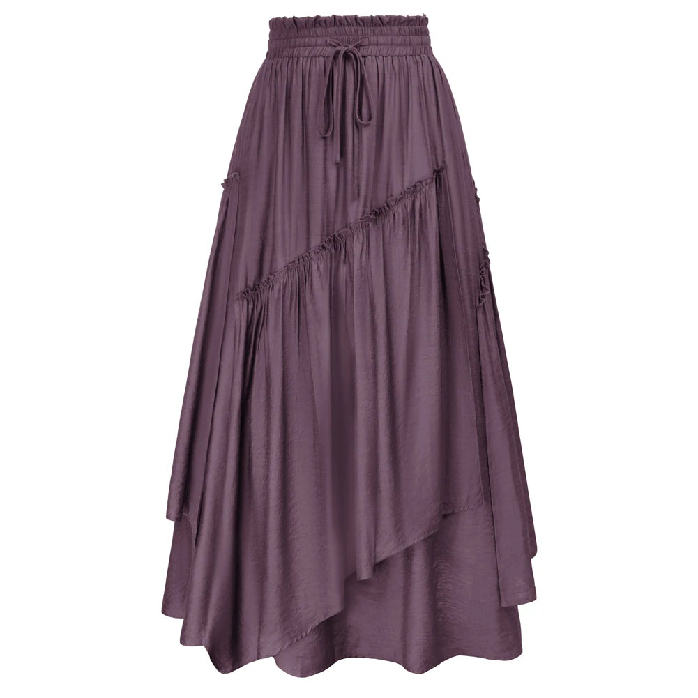 SD Women Renaissance Overlay Decorated Skirt Drawstring Waist Swing Skirt With Open Side Seam Pockets
