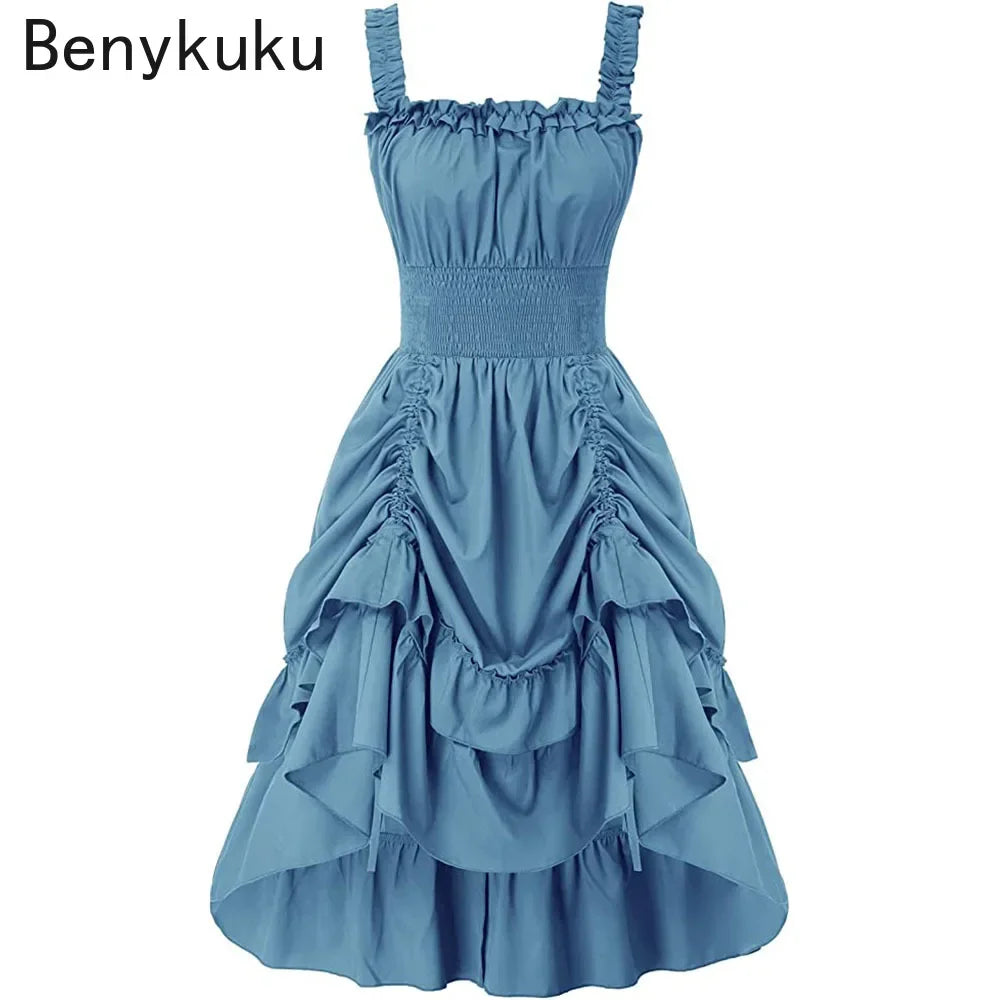 Medieval Renaissance Vintage Long Dress Smocked Waist Victorian Sleeveless Strap Halloween Steampunk Gothic Cothes Cosplay Dress