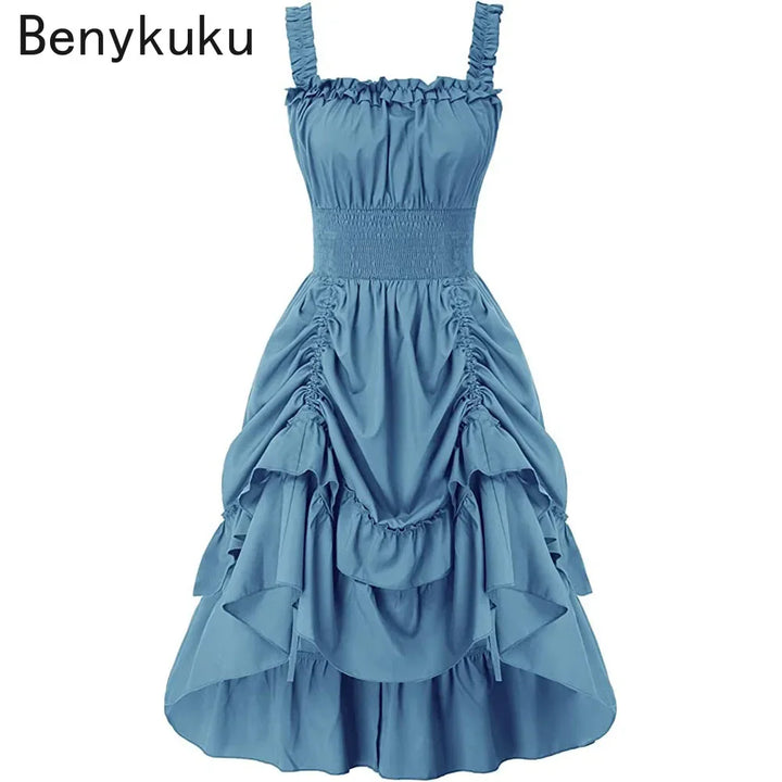 Medieval Renaissance Vintage Long Dress Smocked Waist Victorian Sleeveless Strap Halloween Steampunk Gothic Cothes Cosplay Dress