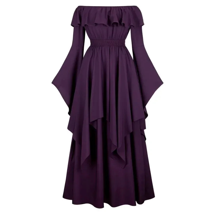 Vintage Bell Sleeve Medieval Off Shoulder Elastic High Waist Smocked Renaissance Dress For Women Halloween Cosplay Costume