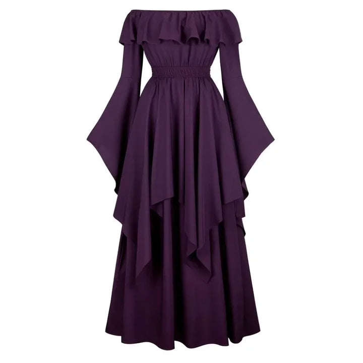 Vintage Bell Sleeve Medieval Off Shoulder Elastic High Waist Smocked Renaissance Dress For Women Halloween Cosplay Costume