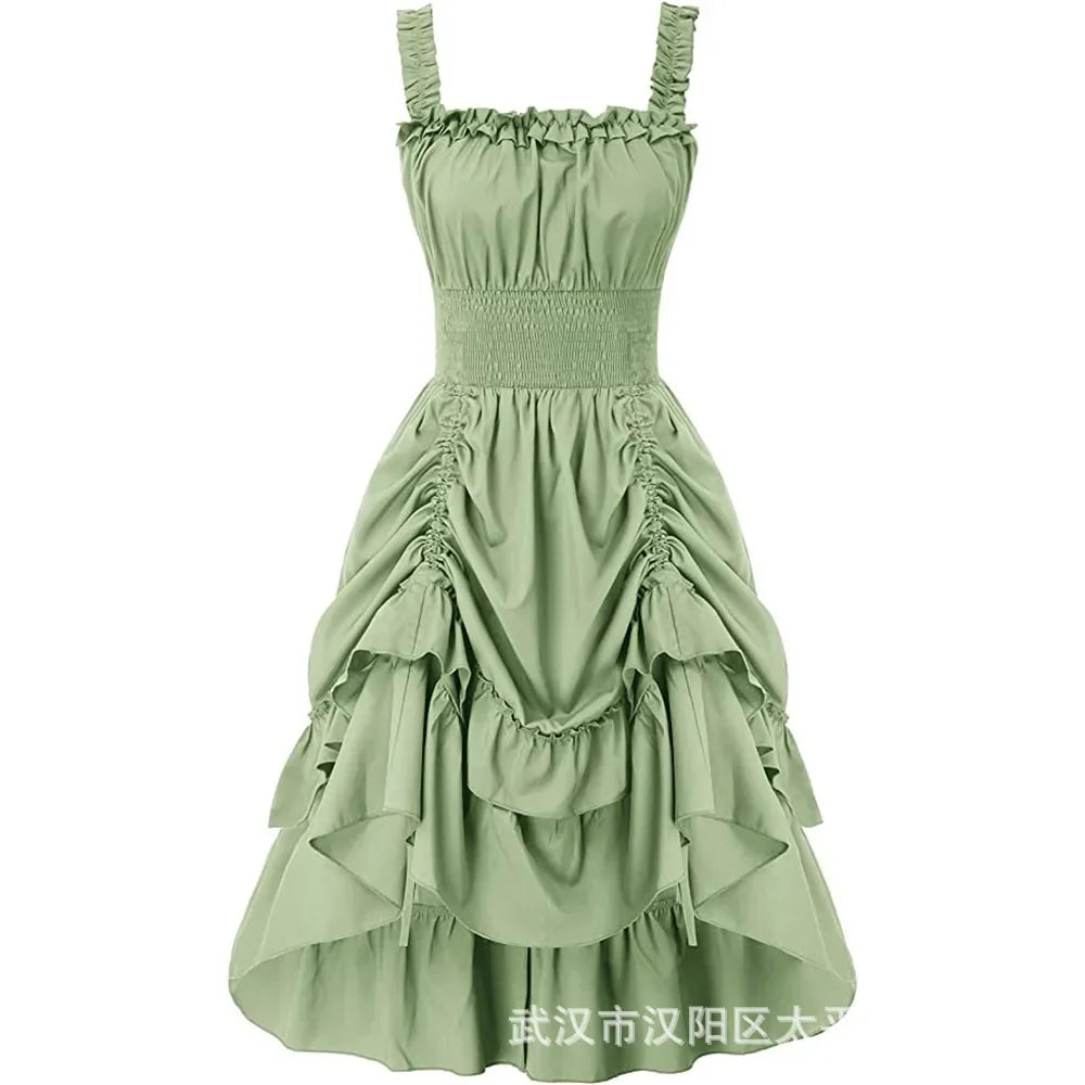 Medieval Renaissance Vintage Long Dress Smocked Waist Victorian Sleeveless Strap Halloween Steampunk Gothic Cothes Cosplay Dress