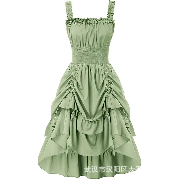 Medieval Renaissance Vintage Long Dress Smocked Waist Victorian Sleeveless Strap Halloween Steampunk Gothic Cothes Cosplay Dress