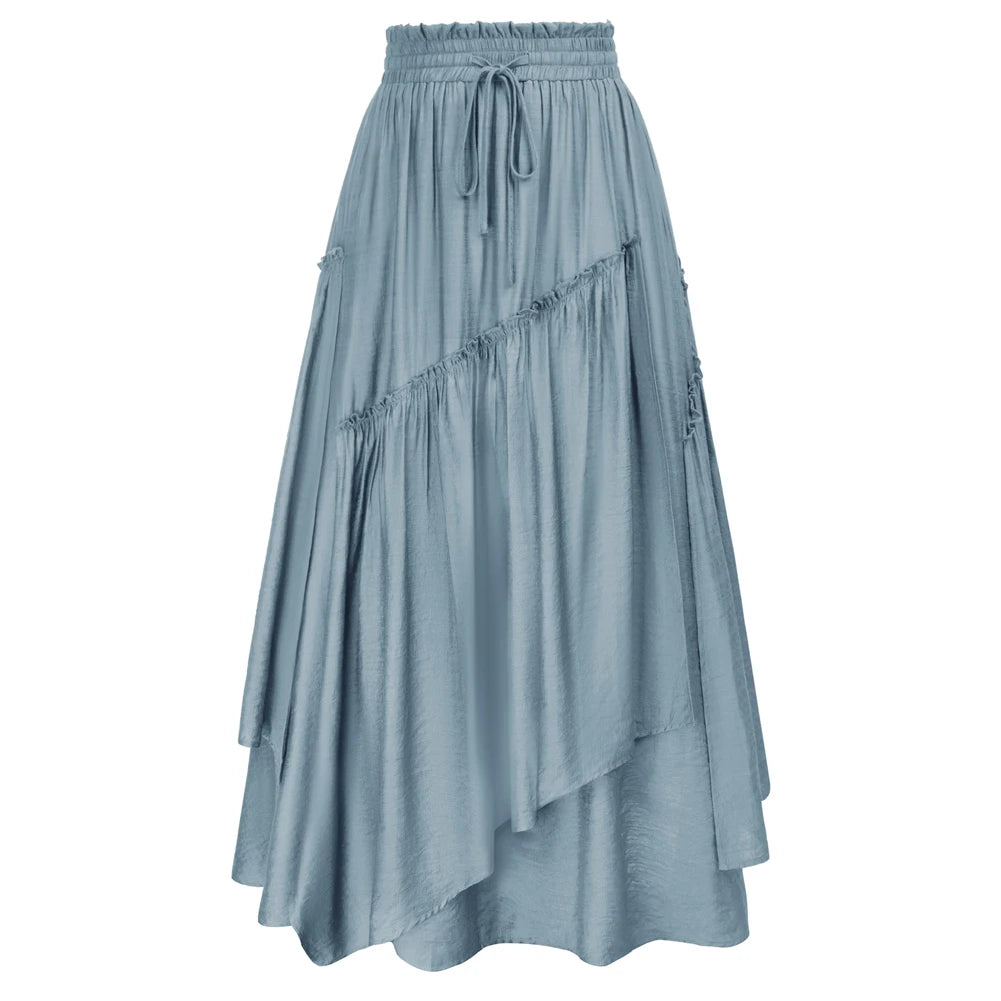 SD Women Renaissance Overlay Decorated Skirt Drawstring Waist Swing Skirt With Open Side Seam Pockets