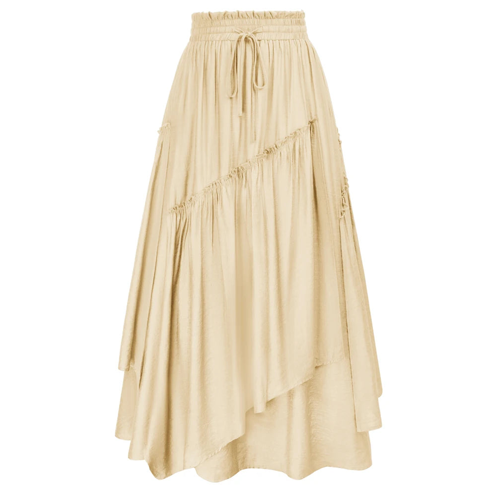 SD Women Renaissance Overlay Decorated Skirt Drawstring Waist Swing Skirt With Open Side Seam Pockets