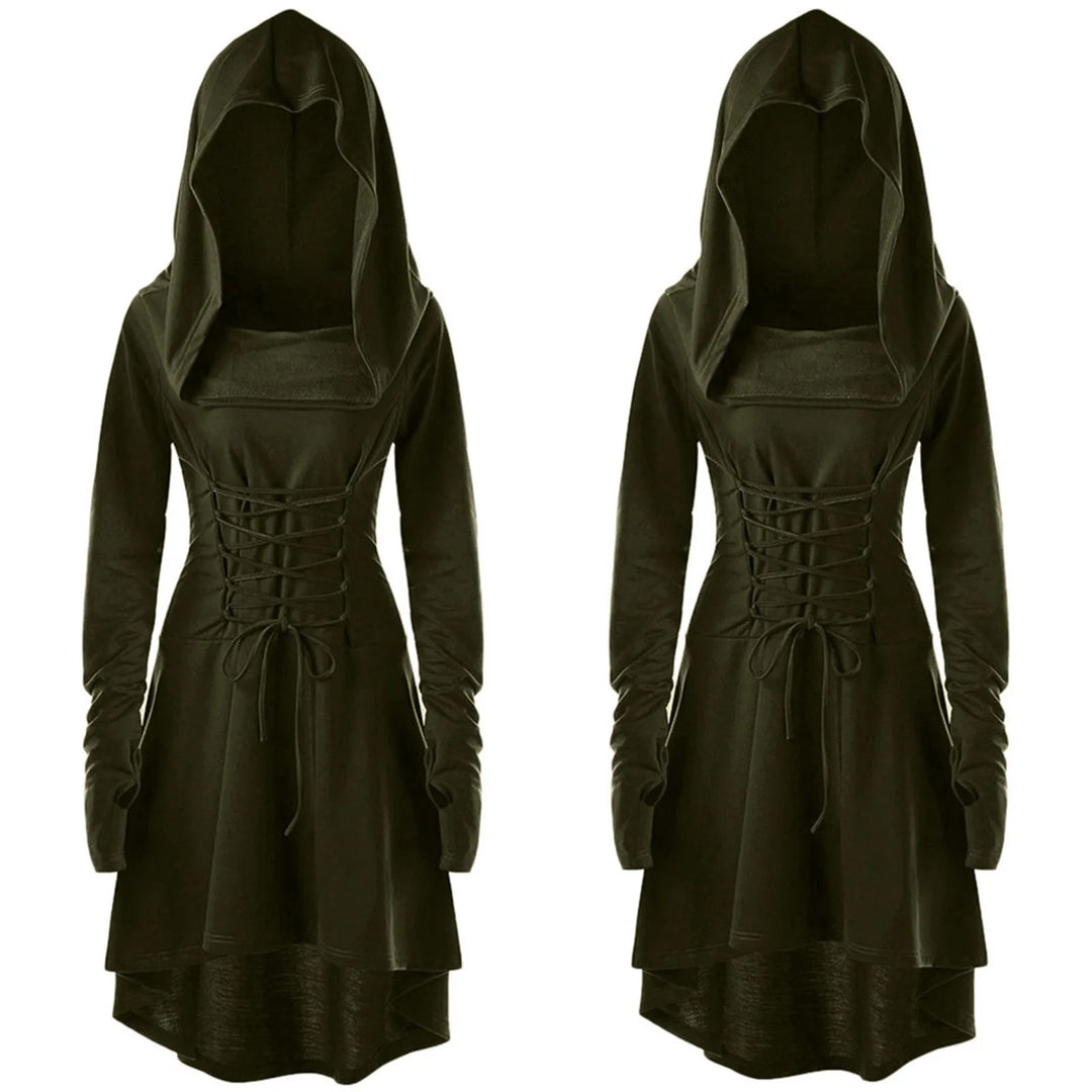 Medieval Women Archer Costume Long Sleeve Hooded Pixie Cosplay Dress Renaissance Femal Hunter Larp Robe Bandage Plus size s-4XL
