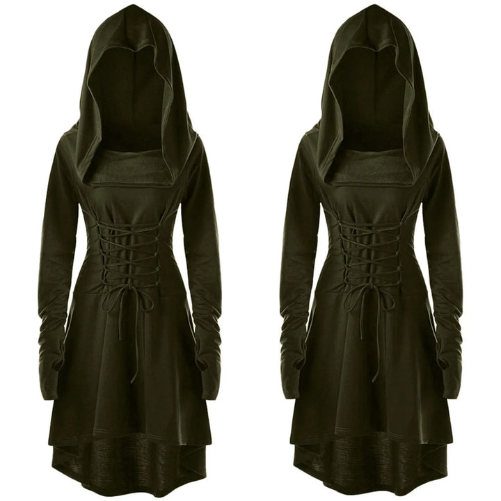 Medieval Women Archer Costume Long Sleeve Hooded Pixie Cosplay Dress Renaissance Femal Hunter Larp Robe Bandage Plus size s-4XL
