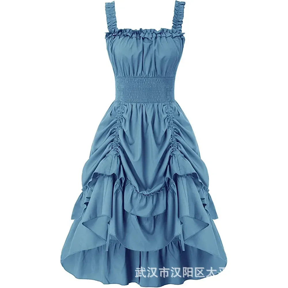 Medieval Renaissance Vintage Long Dress Smocked Waist Victorian Sleeveless Strap Halloween Steampunk Gothic Cothes Cosplay Dress