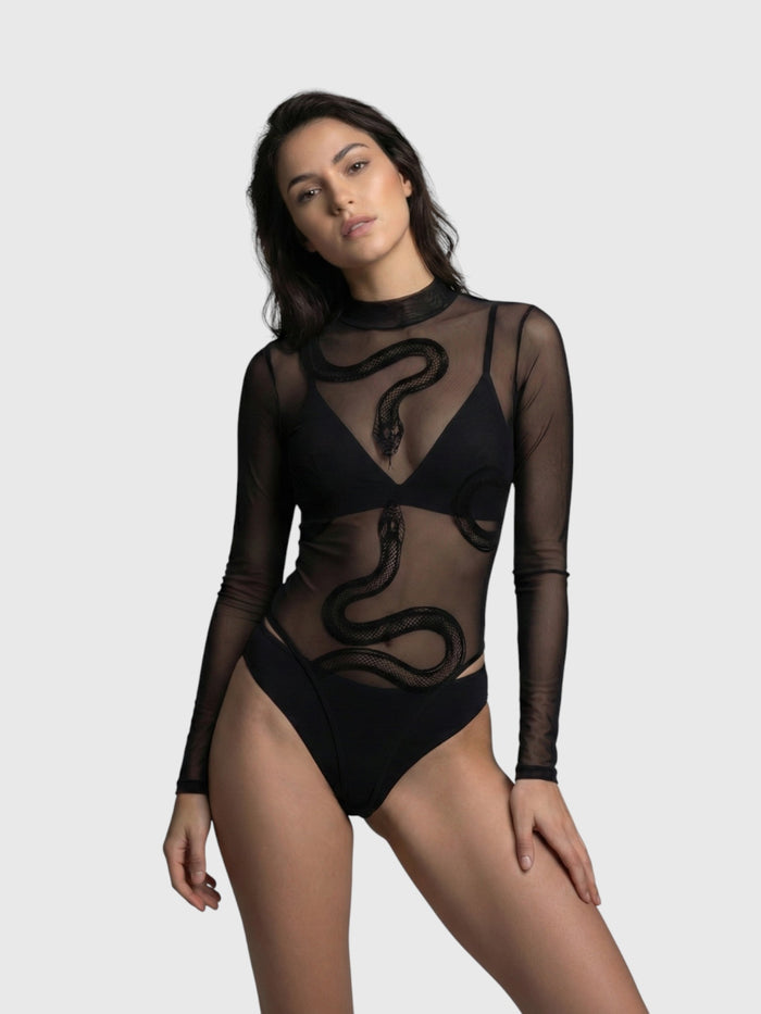 Black Mesh Snake Embroidered Bodysuit