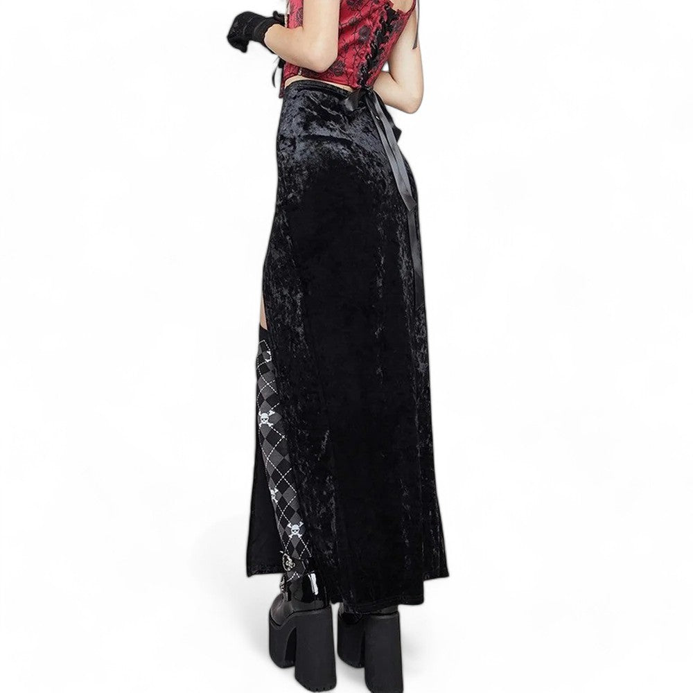 Velvet Bow Slit Maxi Skirt