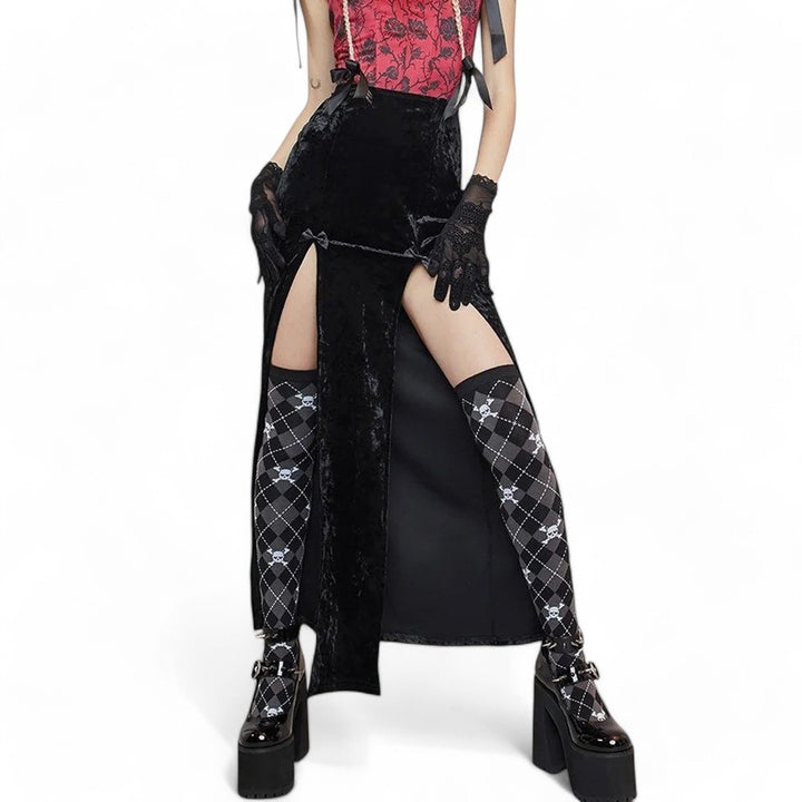 Velvet Bow Slit Maxi Skirt