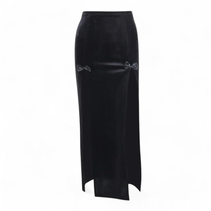 Velvet Bow Slit Maxi Skirt