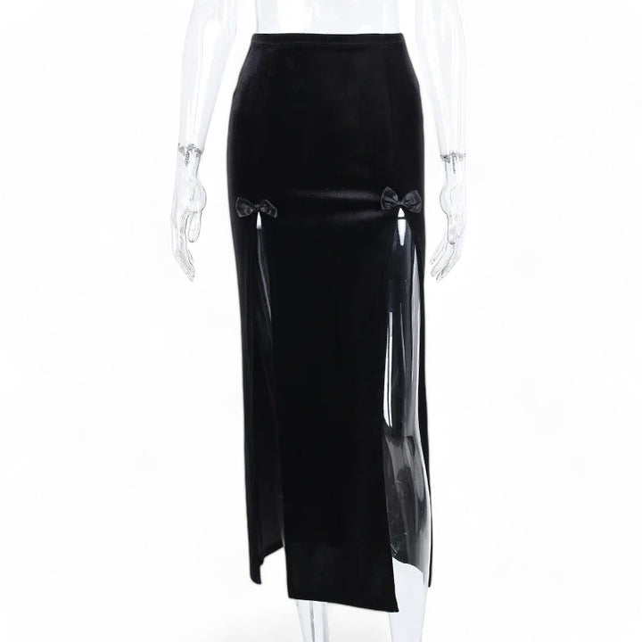 Velvet Bow Slit Maxi Skirt